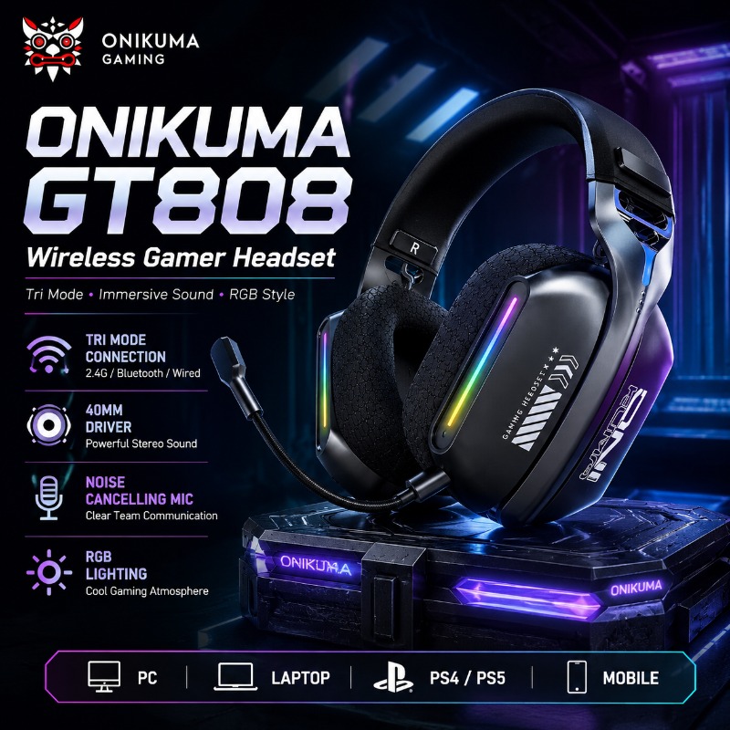Gaming Headset With Mic Rgb - ONIKUMA GT808 Wireless Gaming Headset Tri
