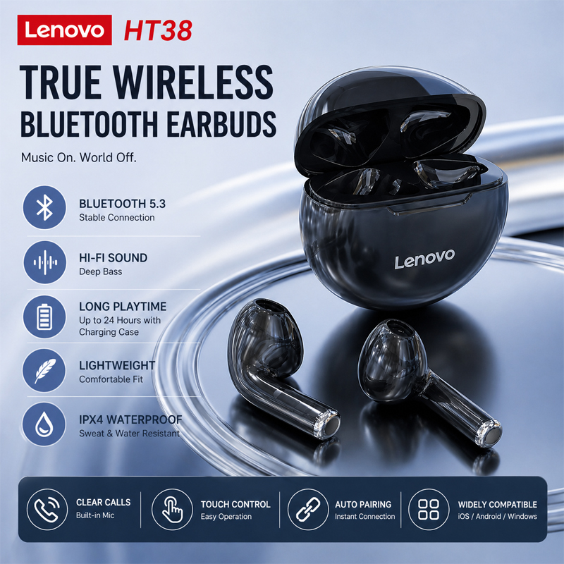 New Lenovo HT38 Wireless Headp - Tws Earbuds Bluetooth 5.3 ulasan dan harga